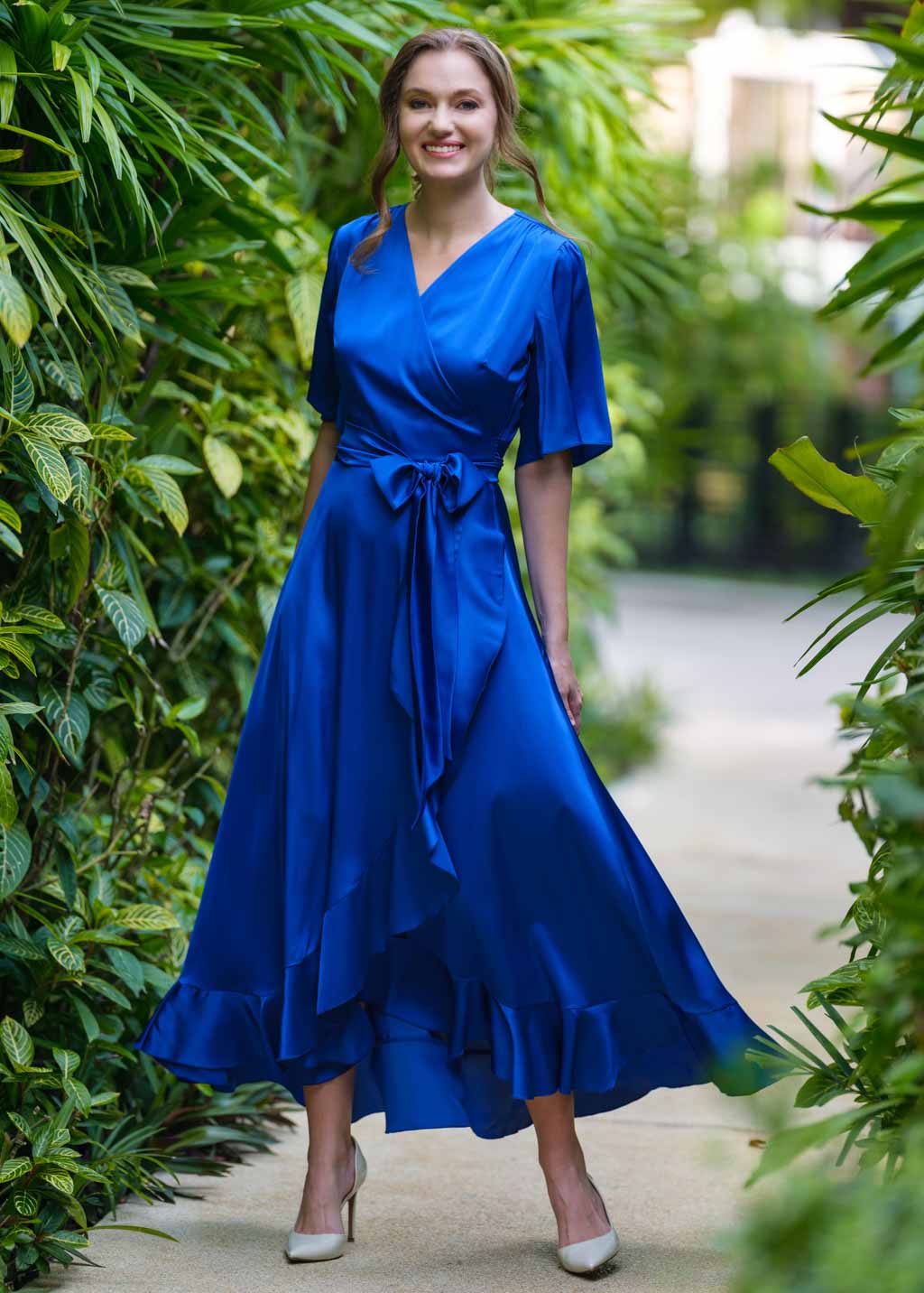 Royal blue wrap silk dress