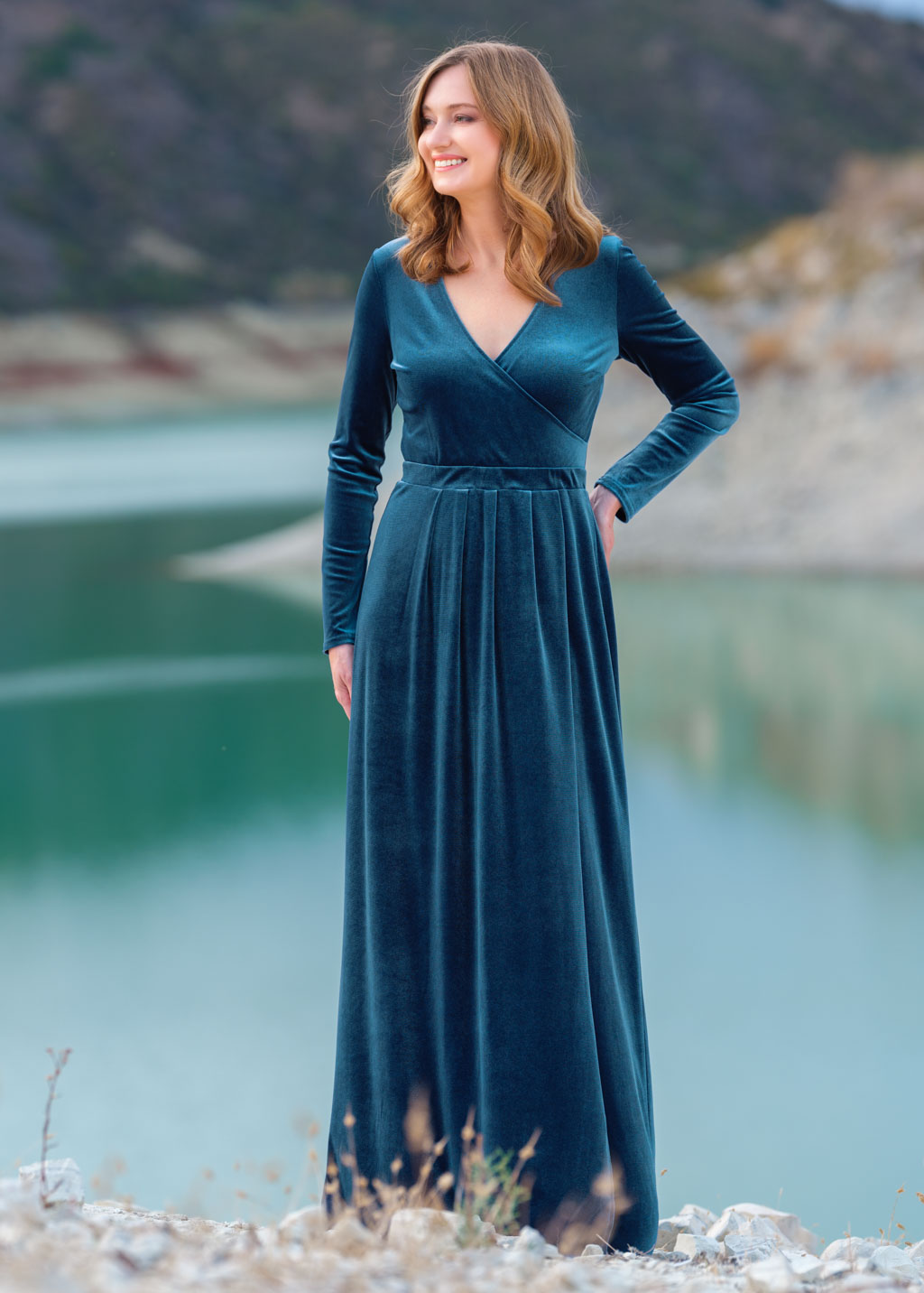 Dusty blue velvet slit dress