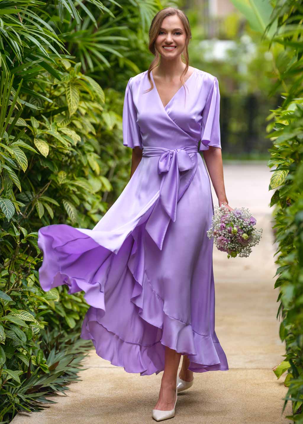 Lilac wrap silk dress