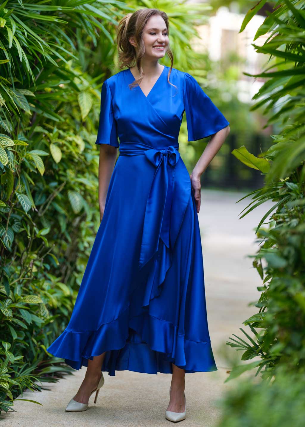 Royal blue wrap silk dress