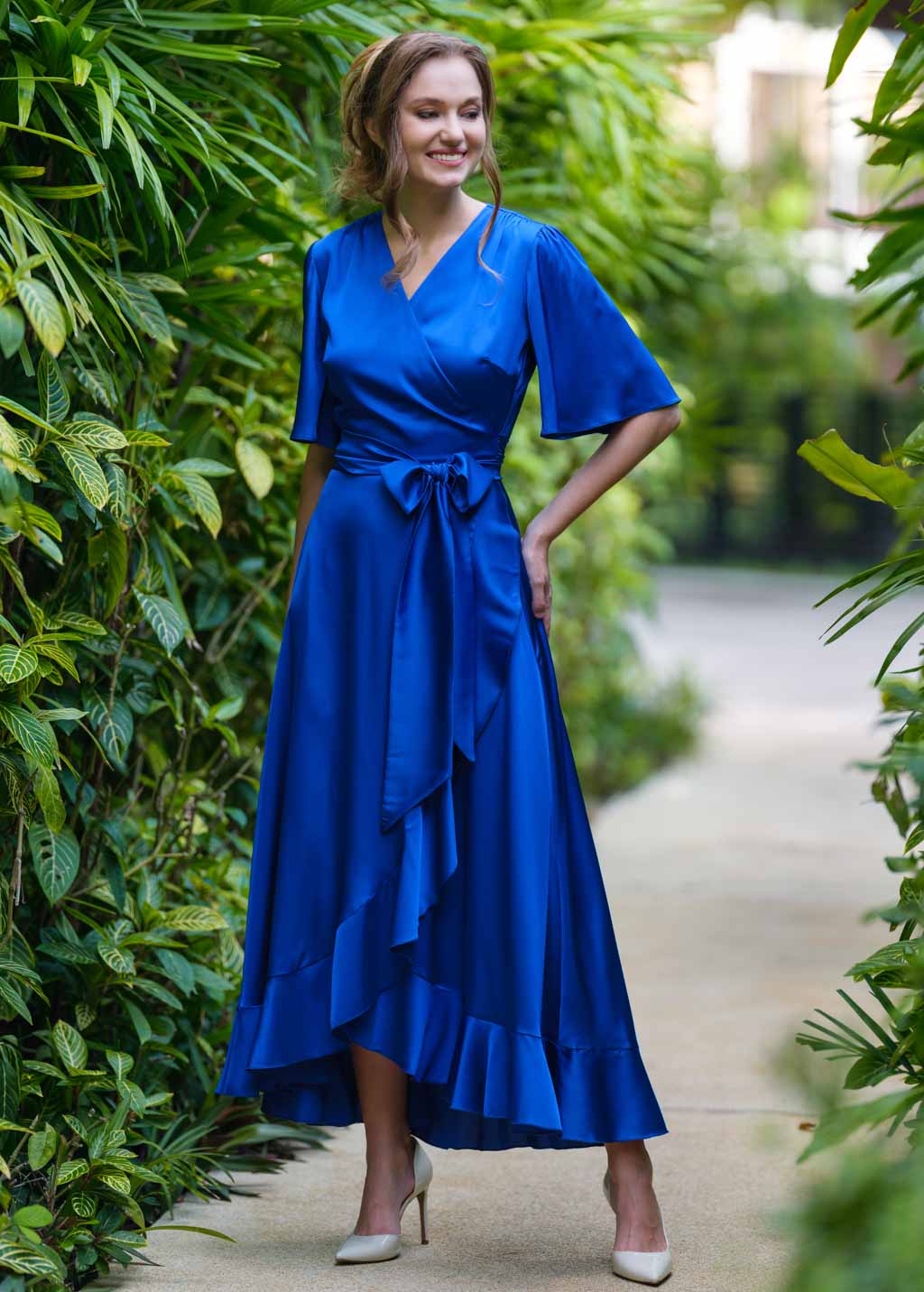 Royal blue wrap silk dress