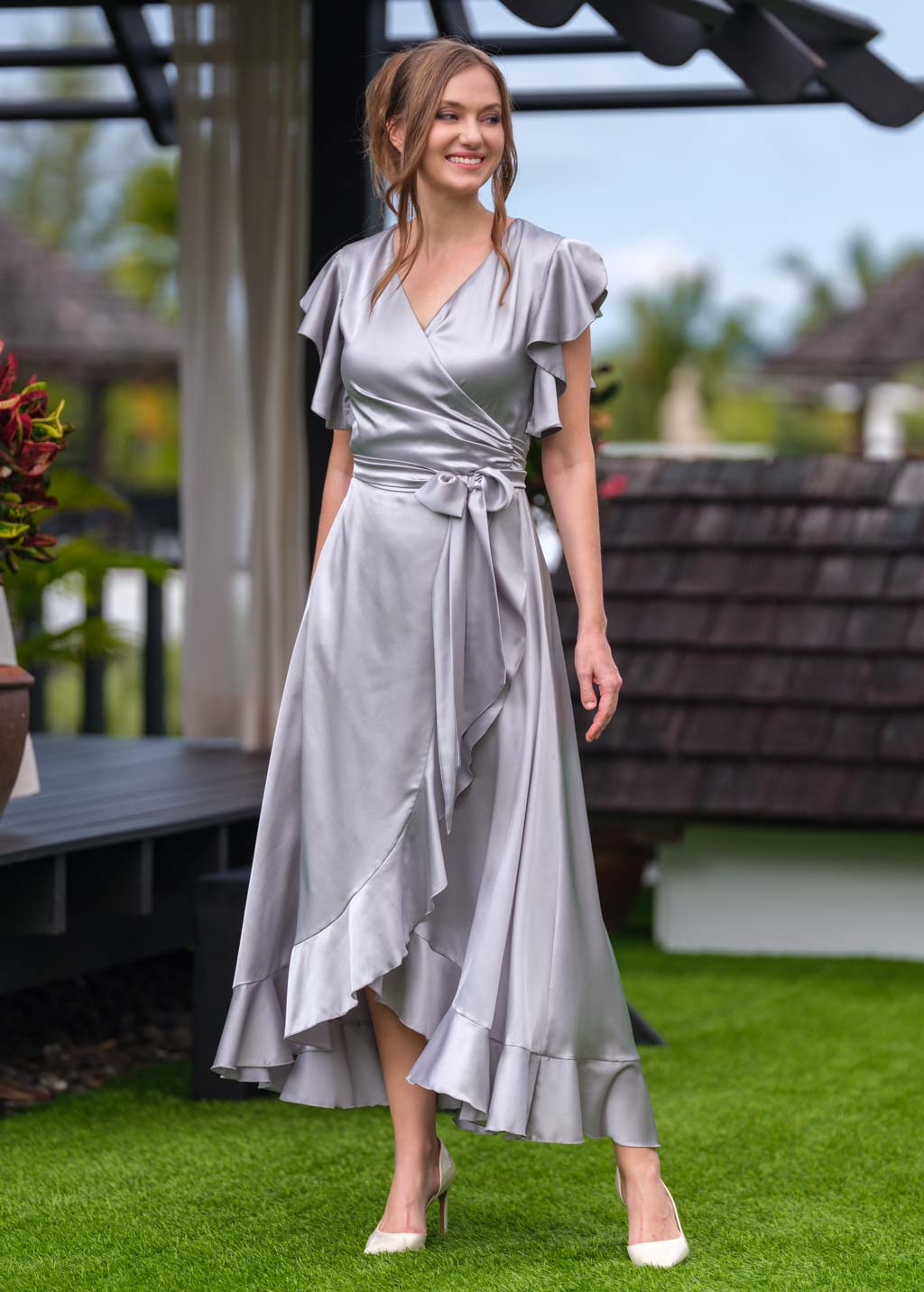 Silver Grey wrap silk dress