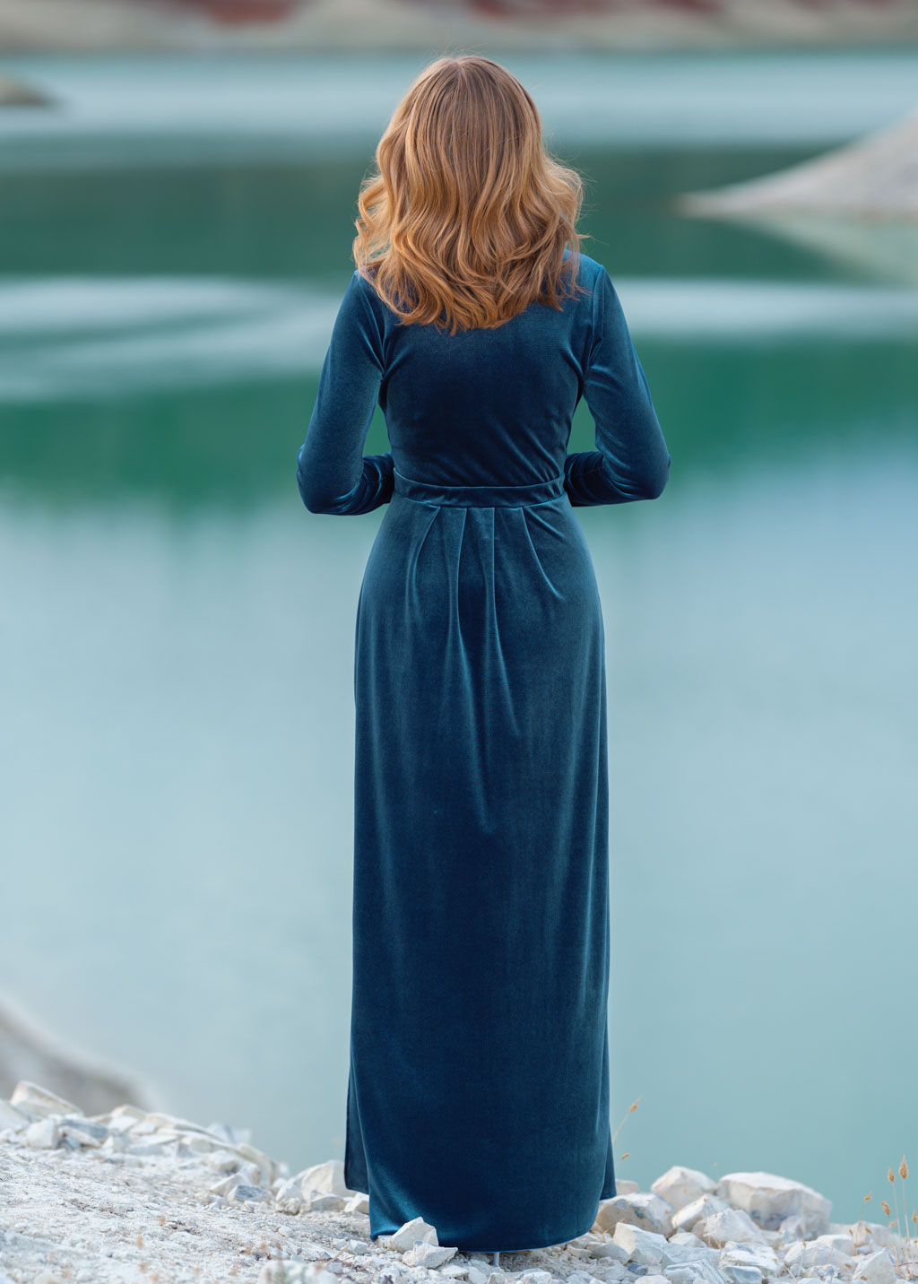 Dusty blue velvet slit dress