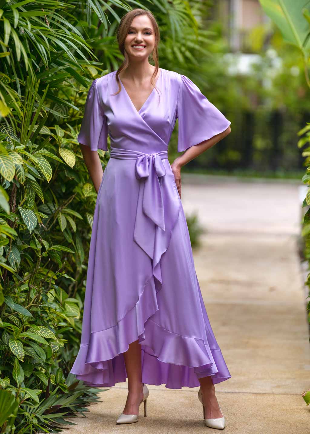 Lilac wrap silk dress