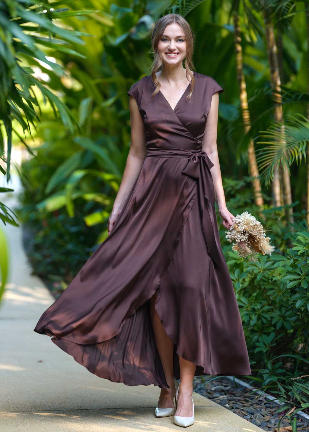 Chocolate brown romantic wrap dress