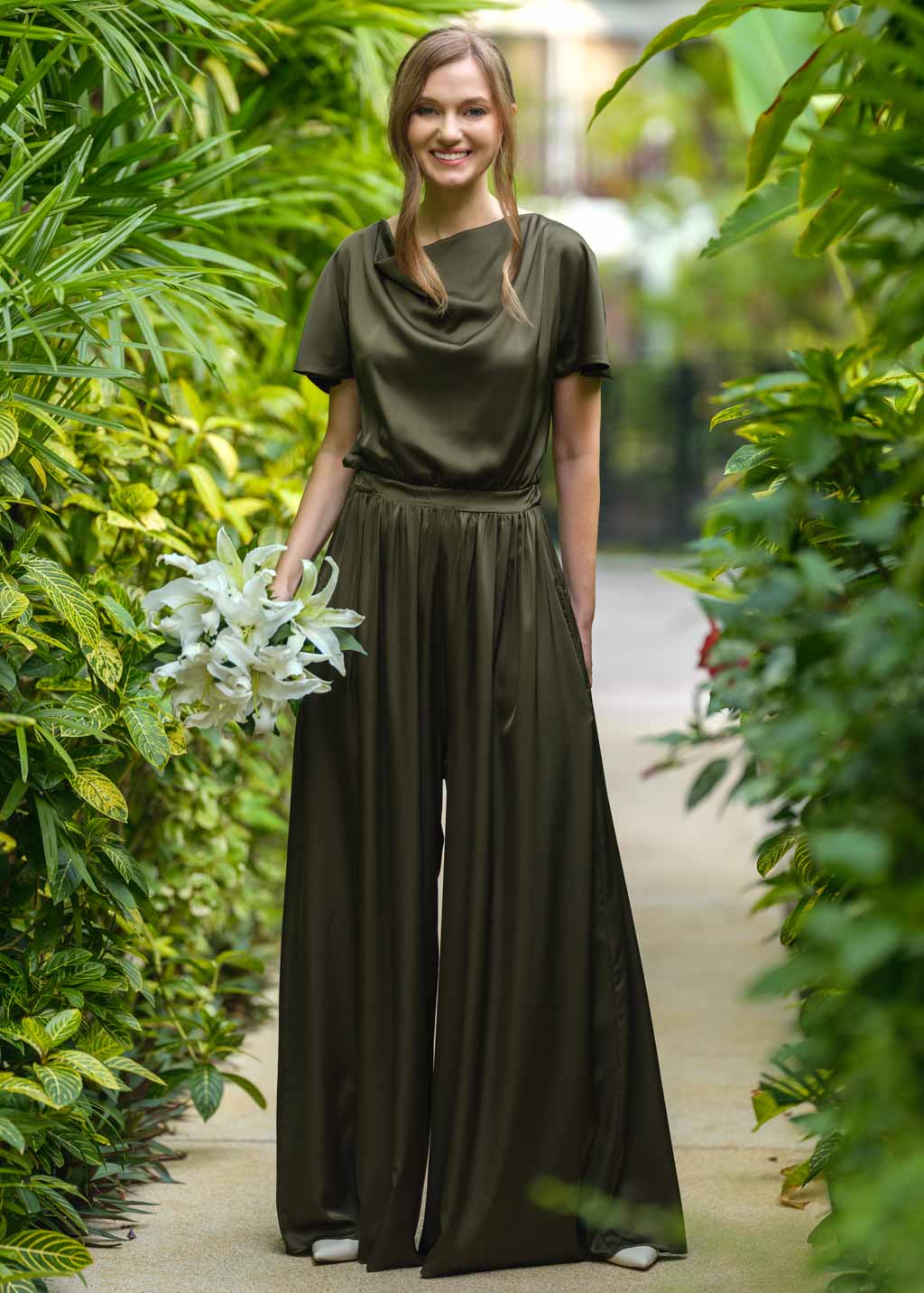 Dark olive silk jumpsuit