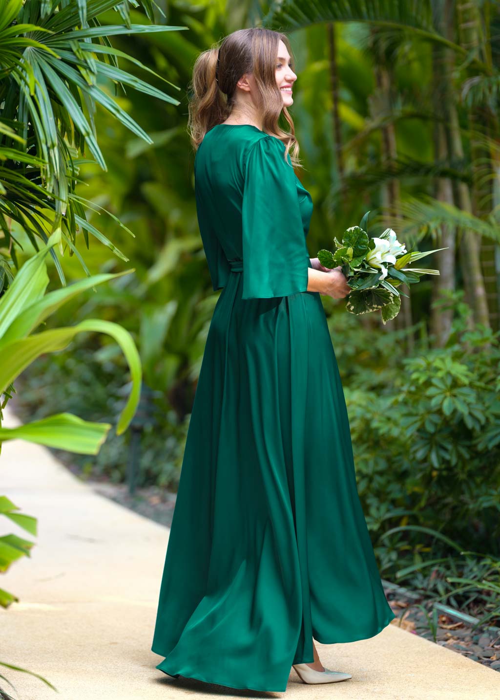 Emerald green silk long wrap dress
