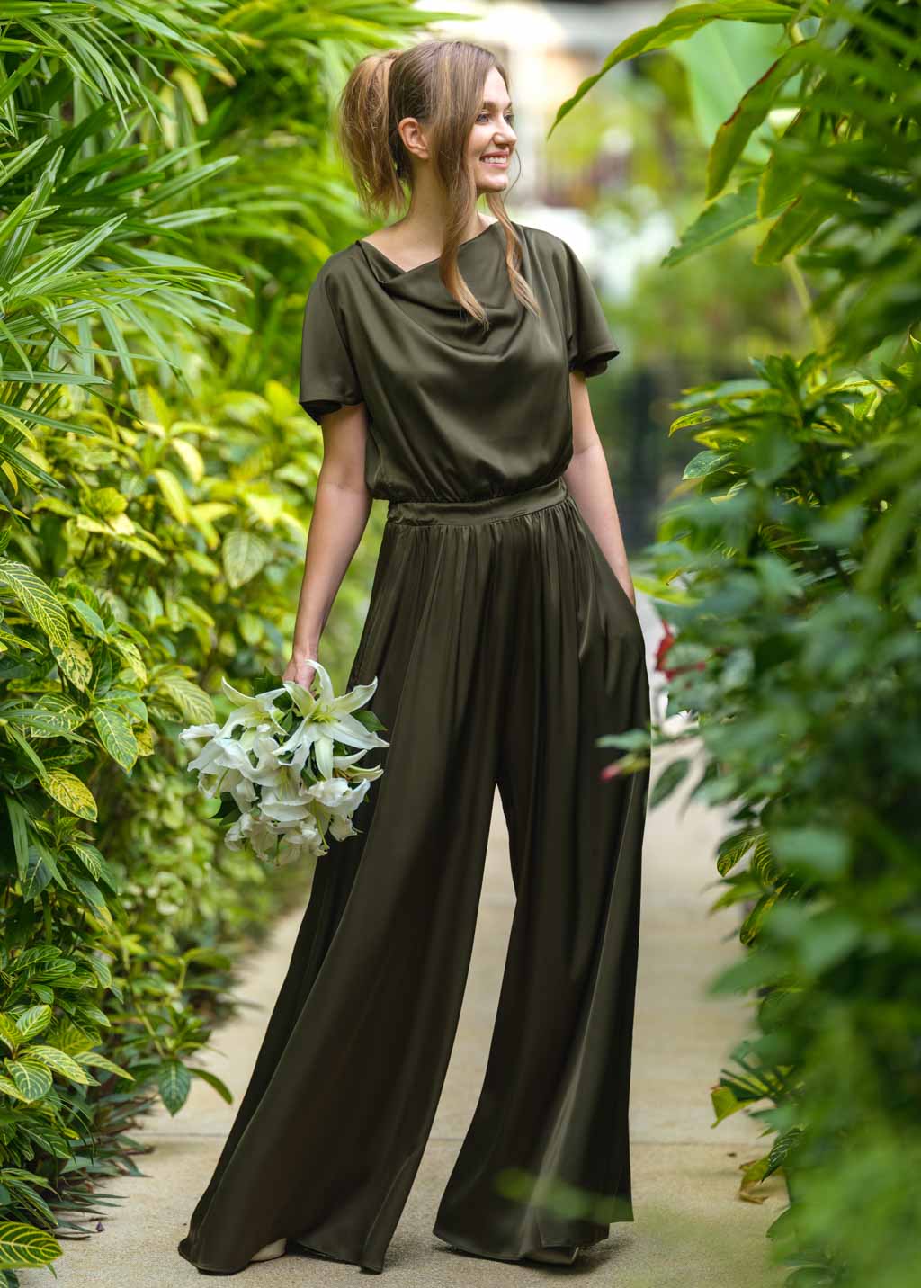 Dark olive silk jumpsuit