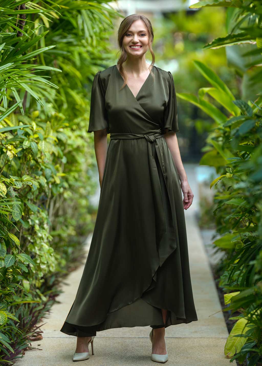 Dark olive silk long wrap dress