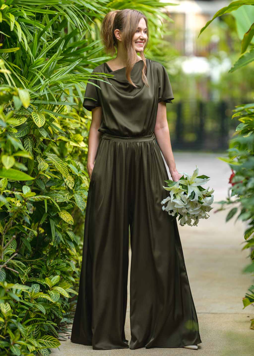 Dark olive silk jumpsuit