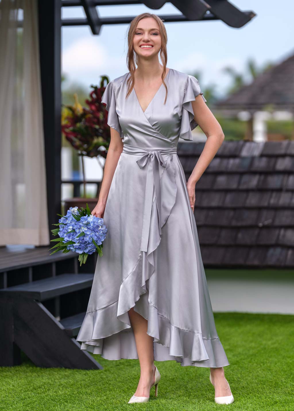 Silver Grey wrap silk dress