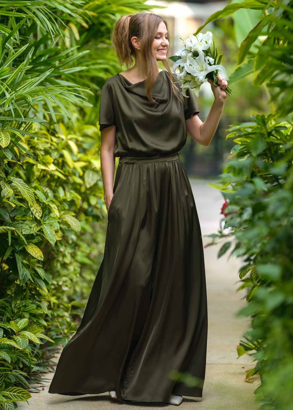 Dark olive silk jumpsuit