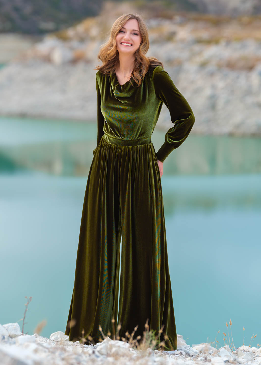 Olive velvet jumpsuit