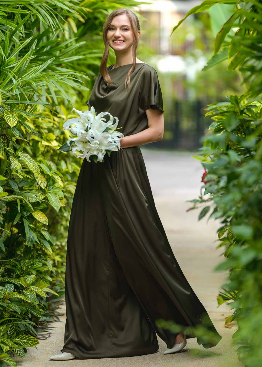 Dark olive silk jumpsuit