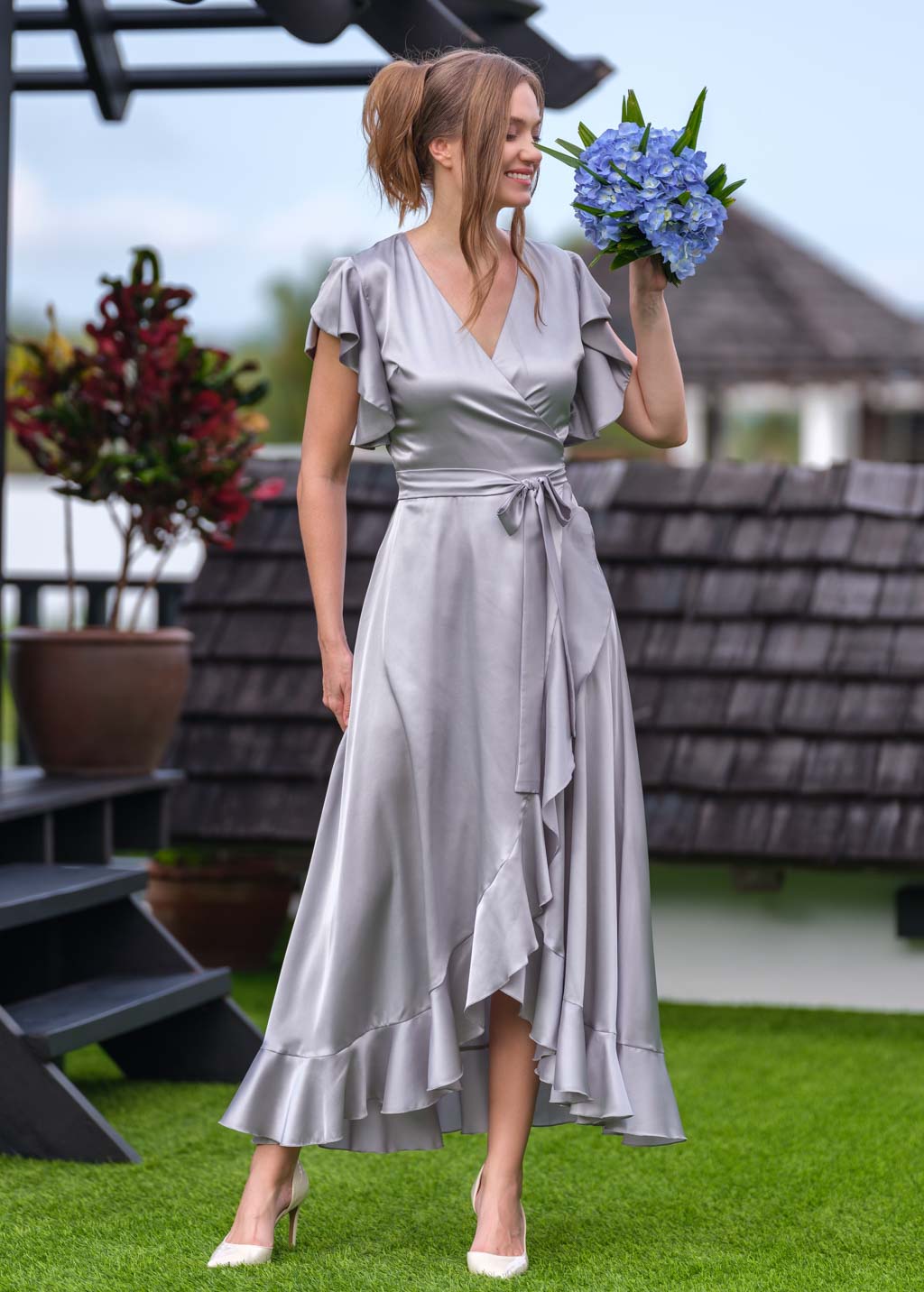 Silver Grey wrap silk dress