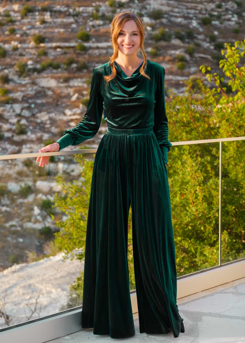 Emerald green velvet jumpsuit