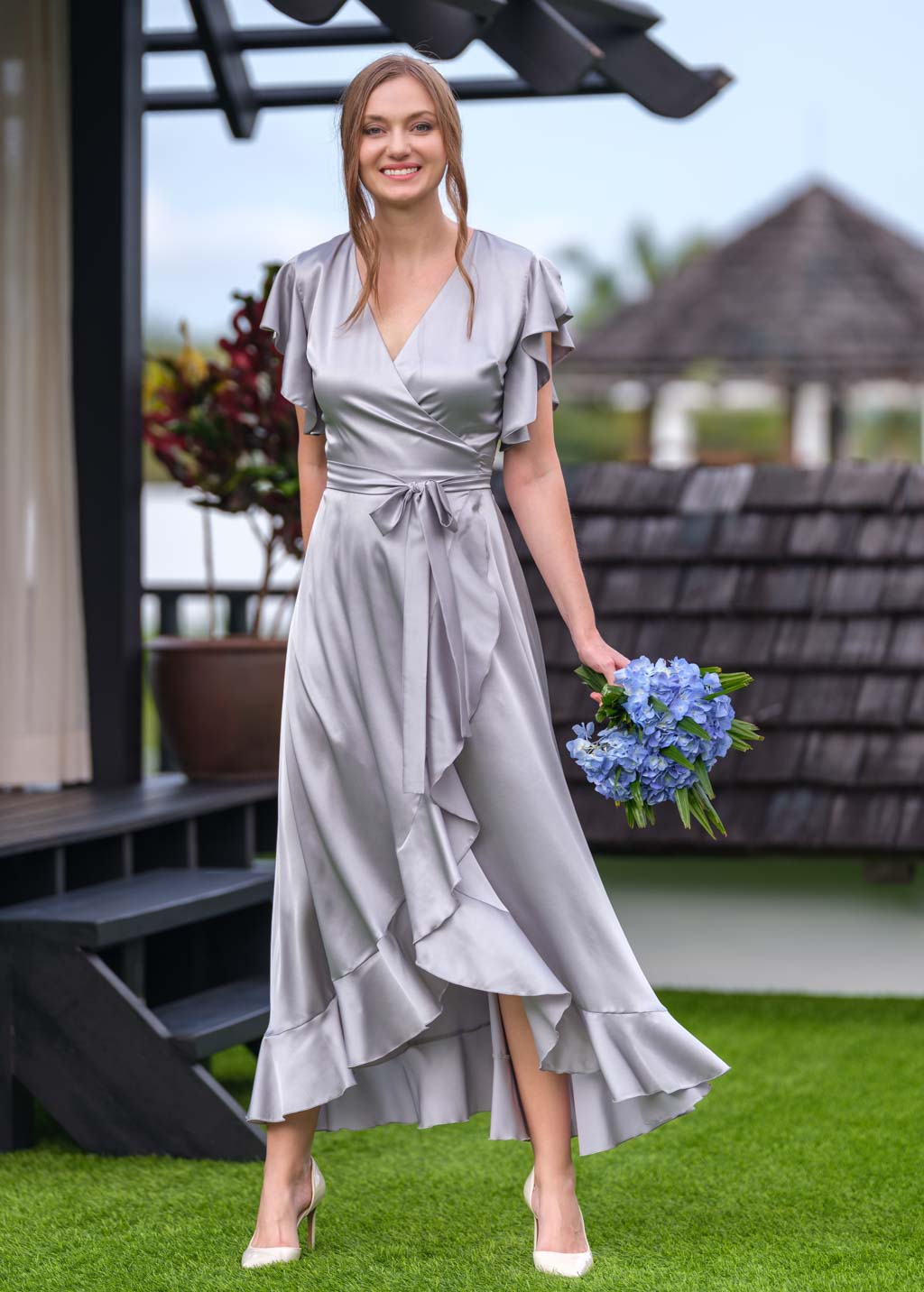 Silver Grey wrap silk dress