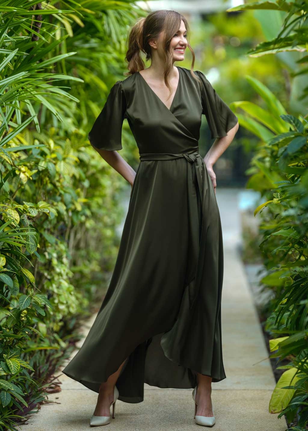 Dark olive silk long wrap dress