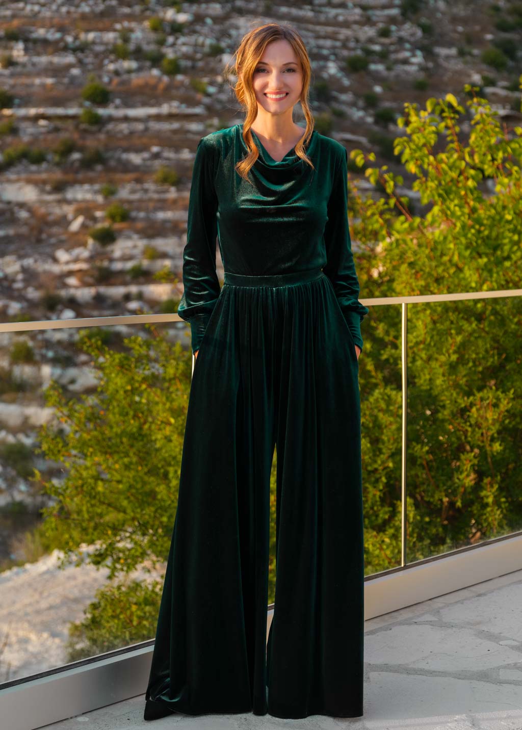 Emerald green velvet jumpsuit