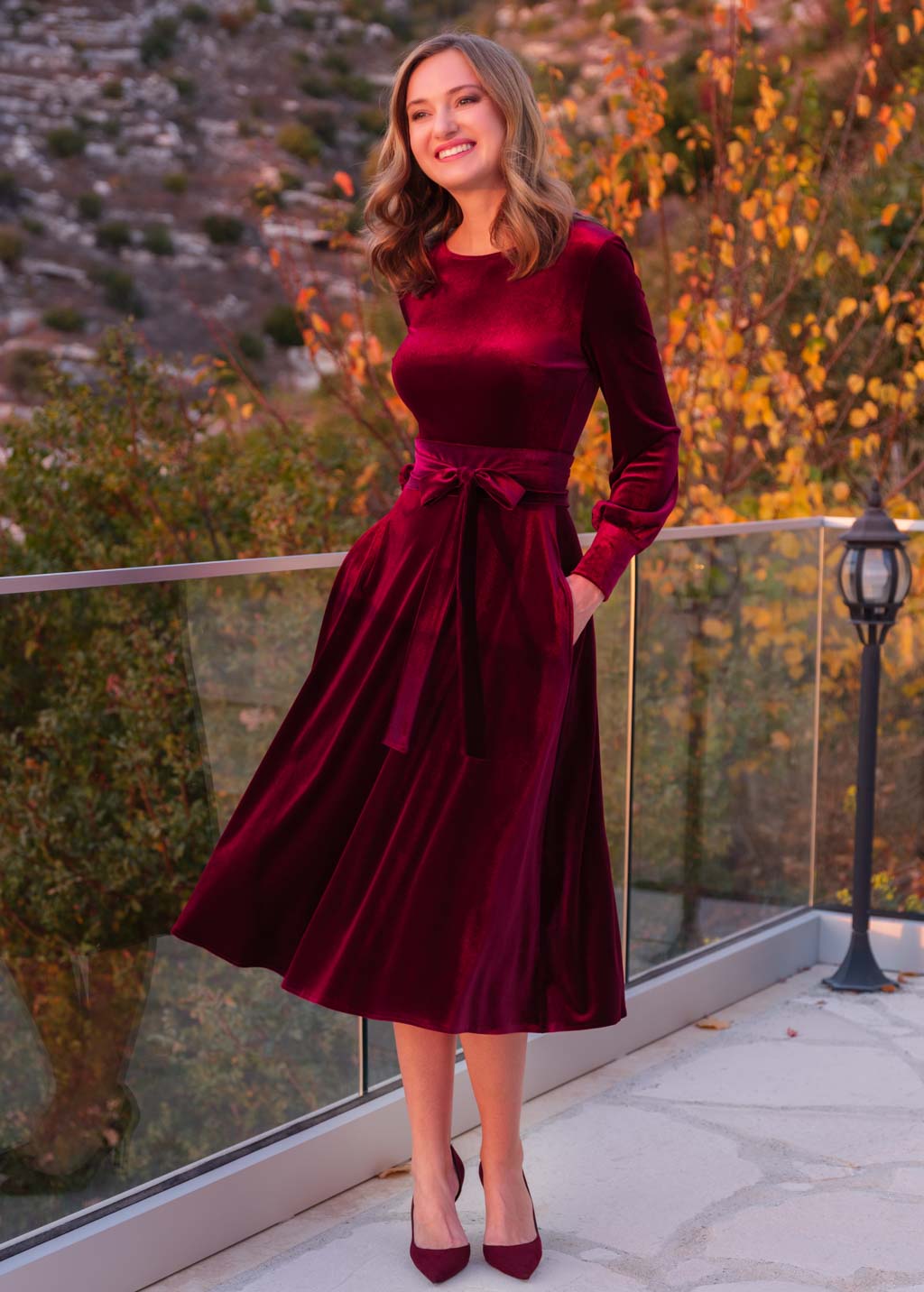 Burgundy velvet dress with pockets