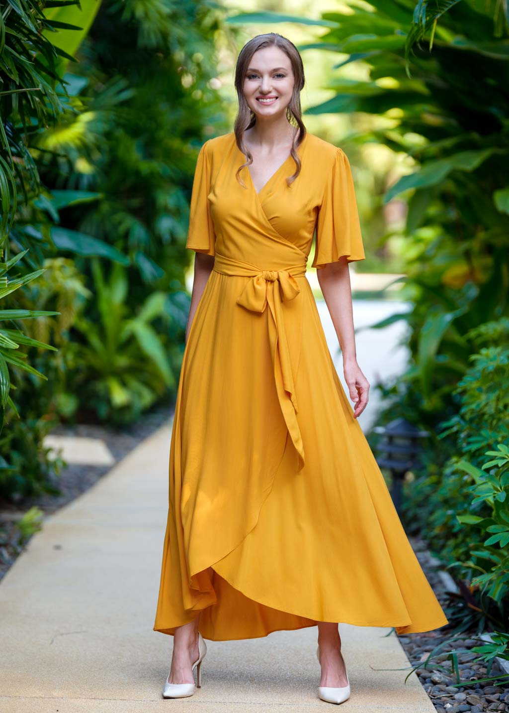 Honey yellow romantic wrap dress