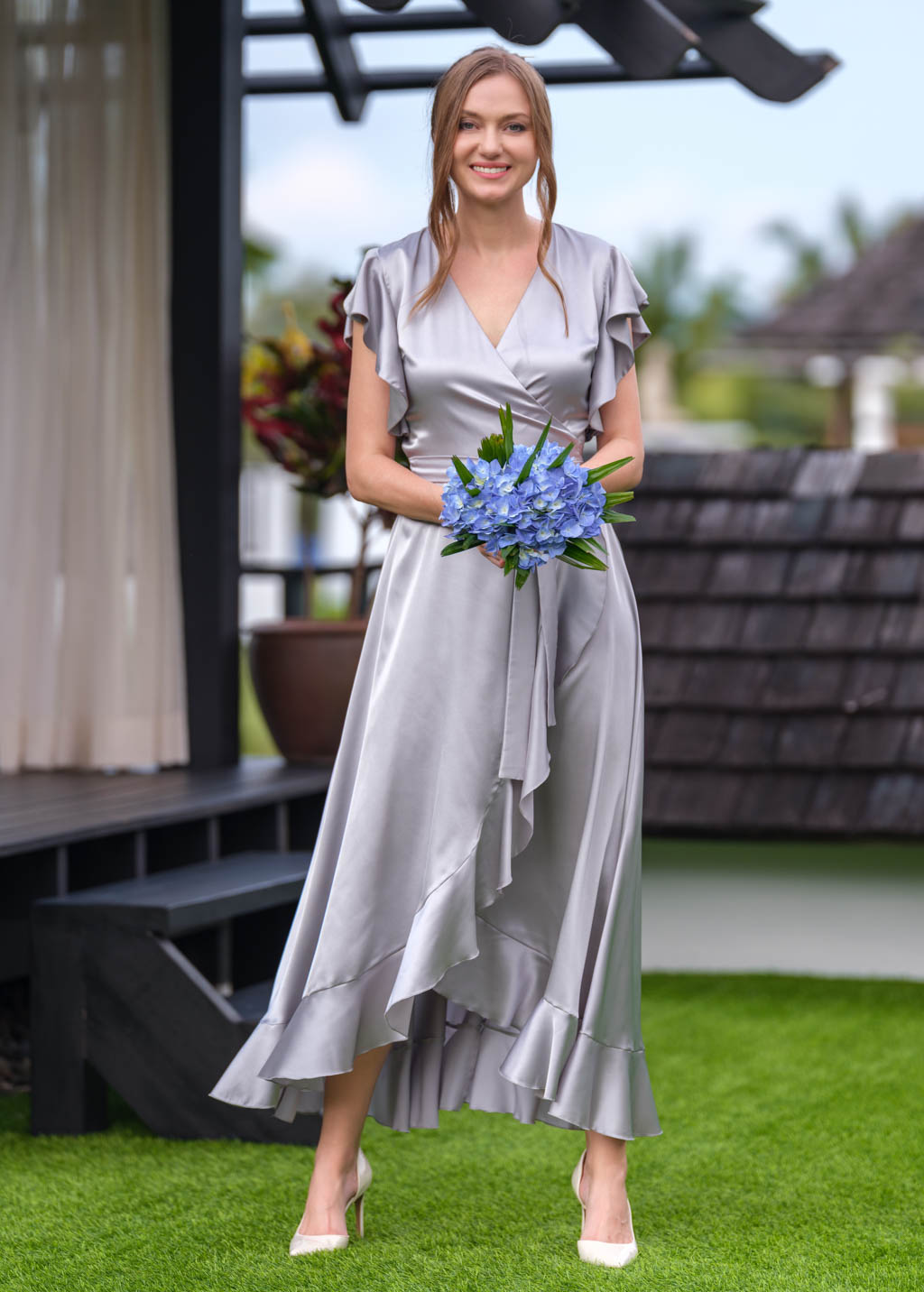 Silver Grey wrap silk dress