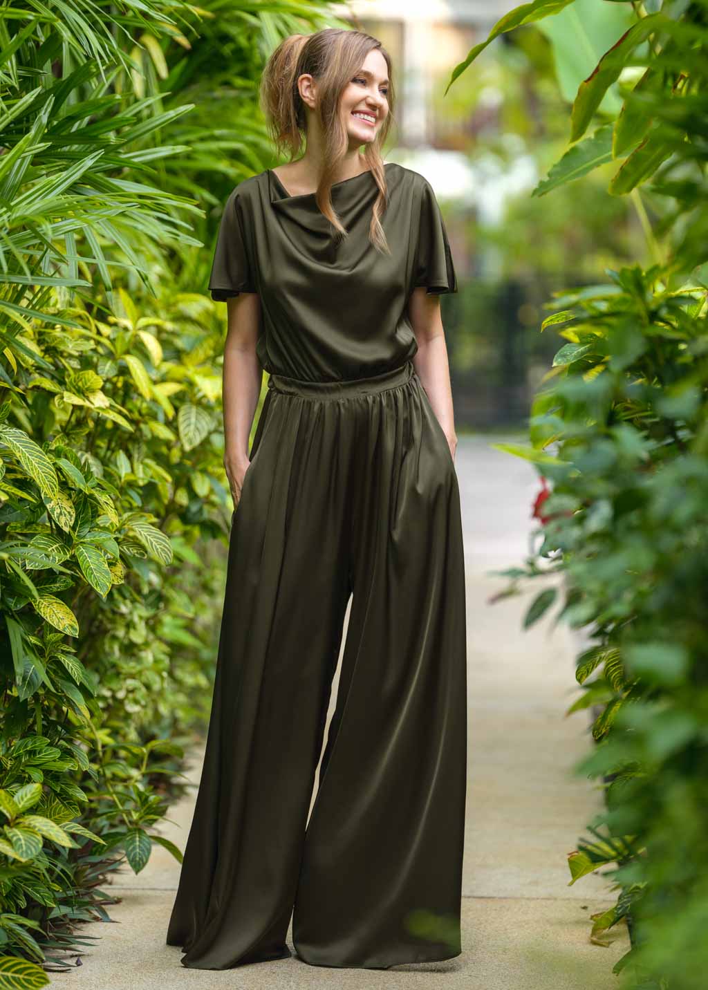 Dark olive silk jumpsuit