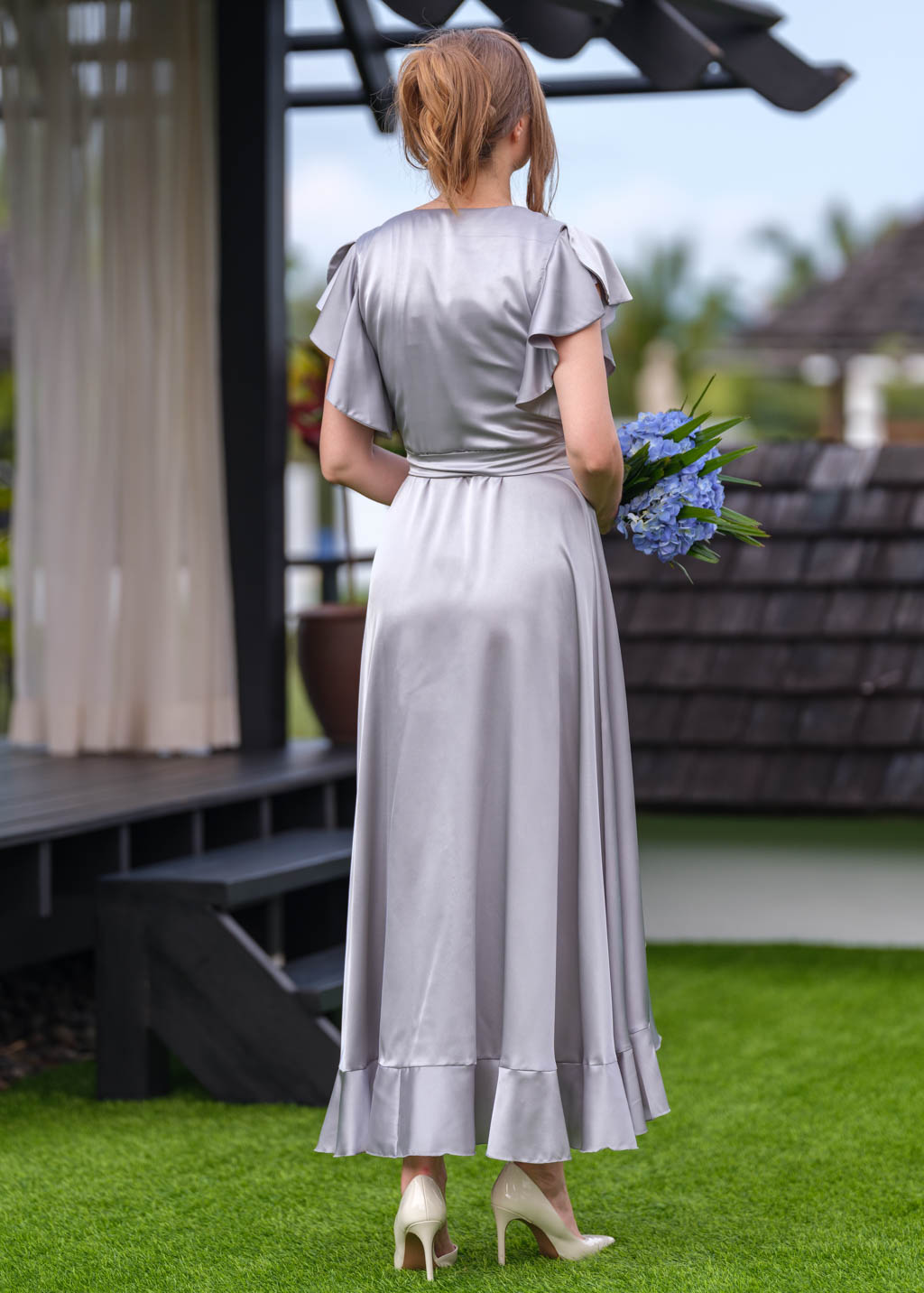 Silver Grey wrap silk dress