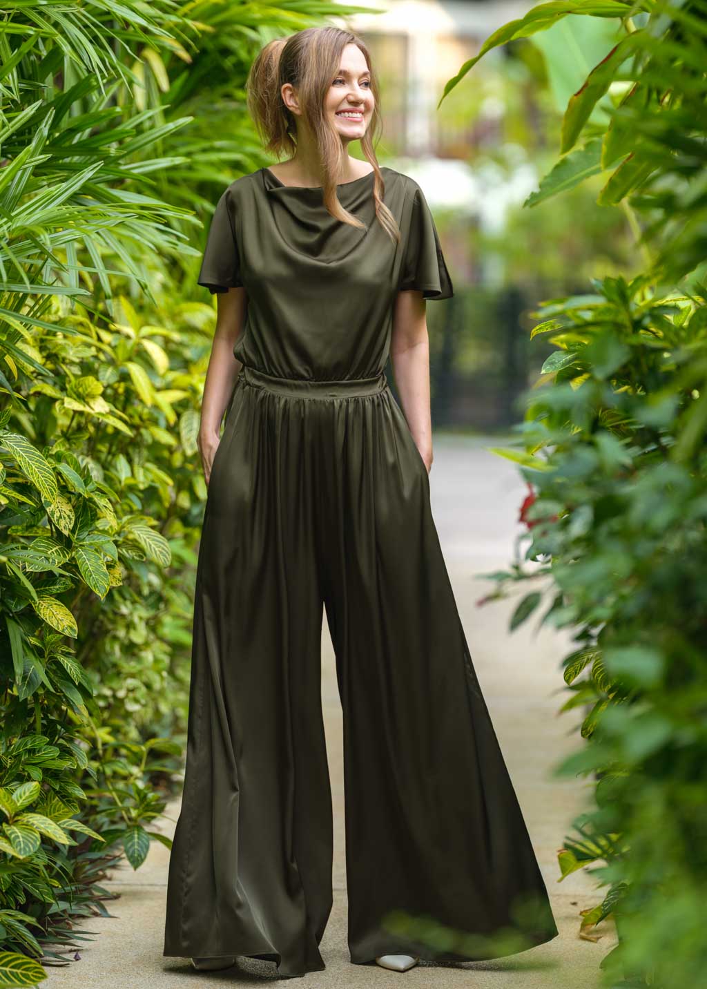 Dark olive silk jumpsuit