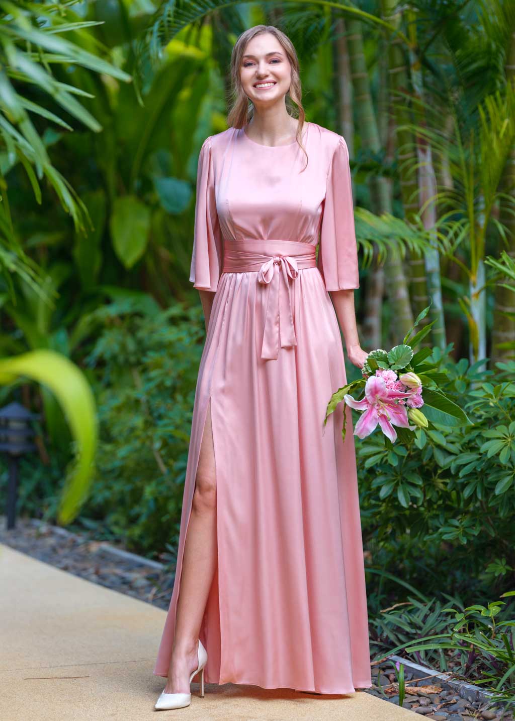 Blush pink silk slit dress with belt