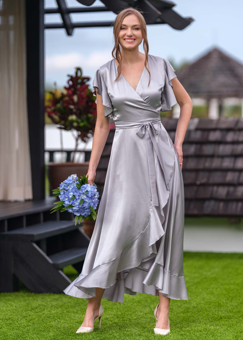 Silver Grey wrap silk dress