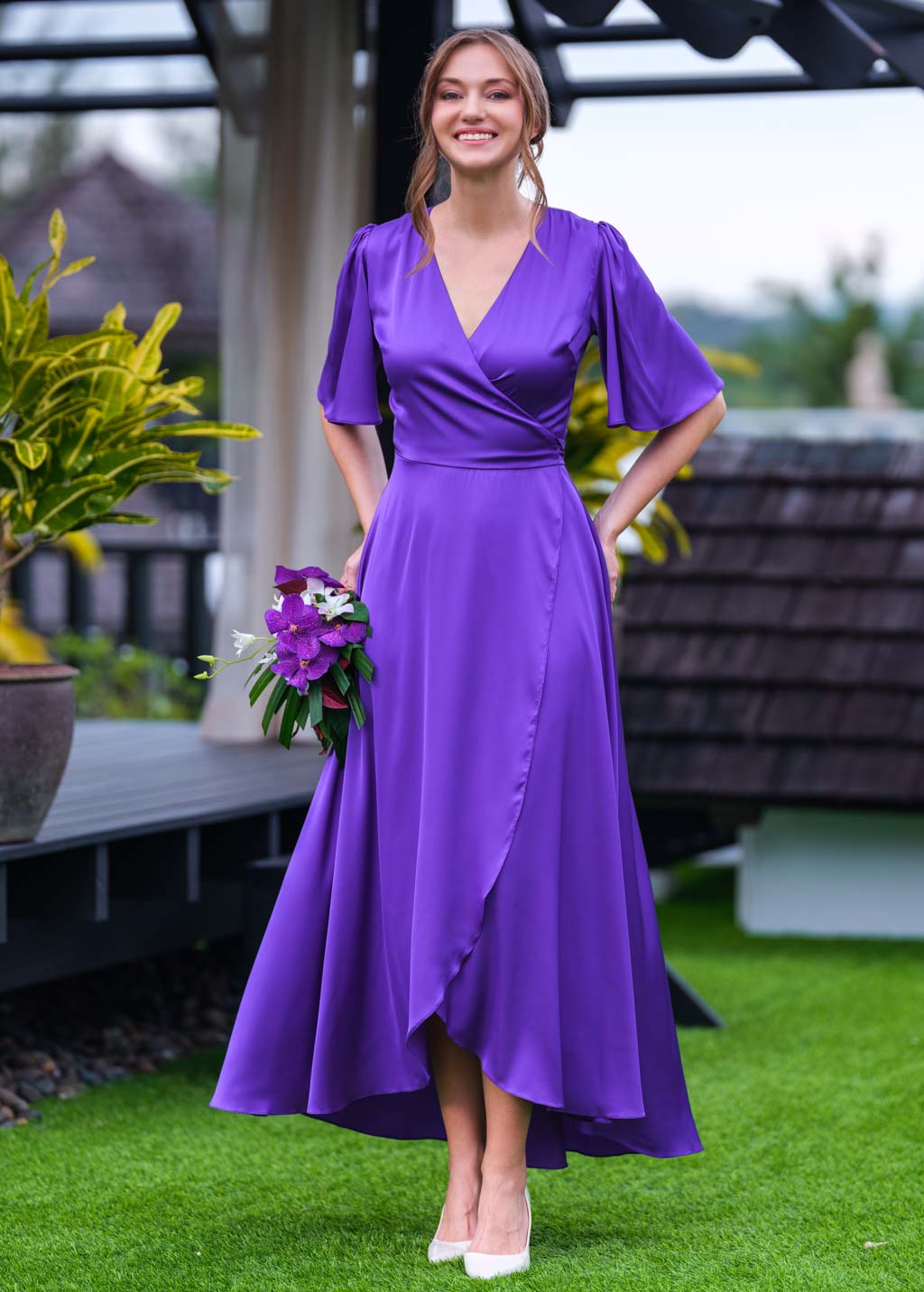 Purple silk long wrap dress