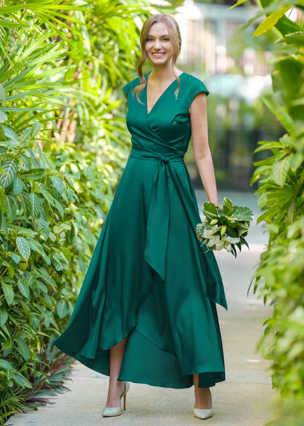Emerald green romantic wrap dress
