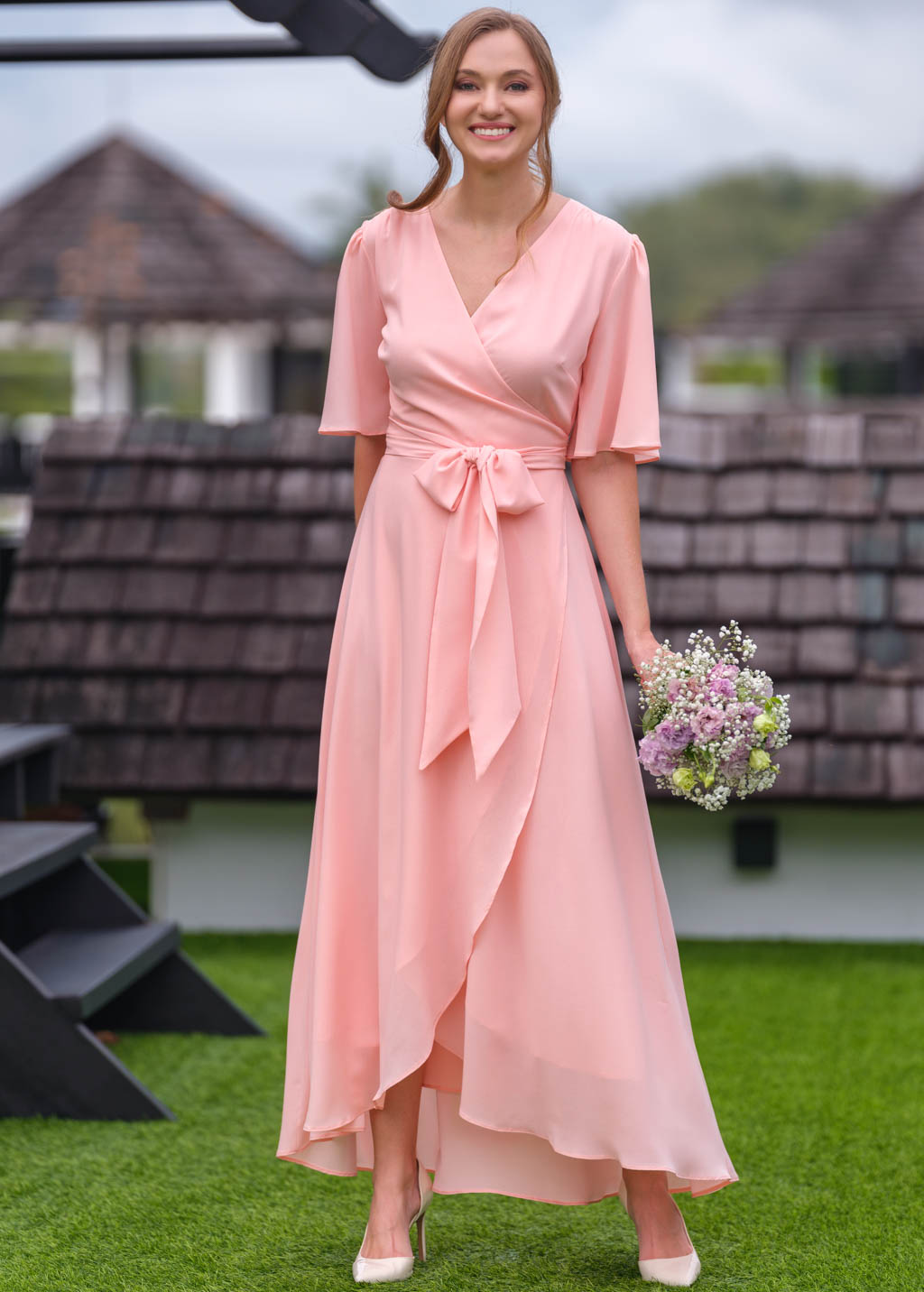 Blush pink chiffon wrap dress