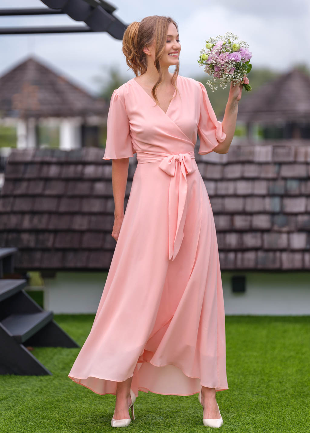 Blush pink chiffon wrap dress