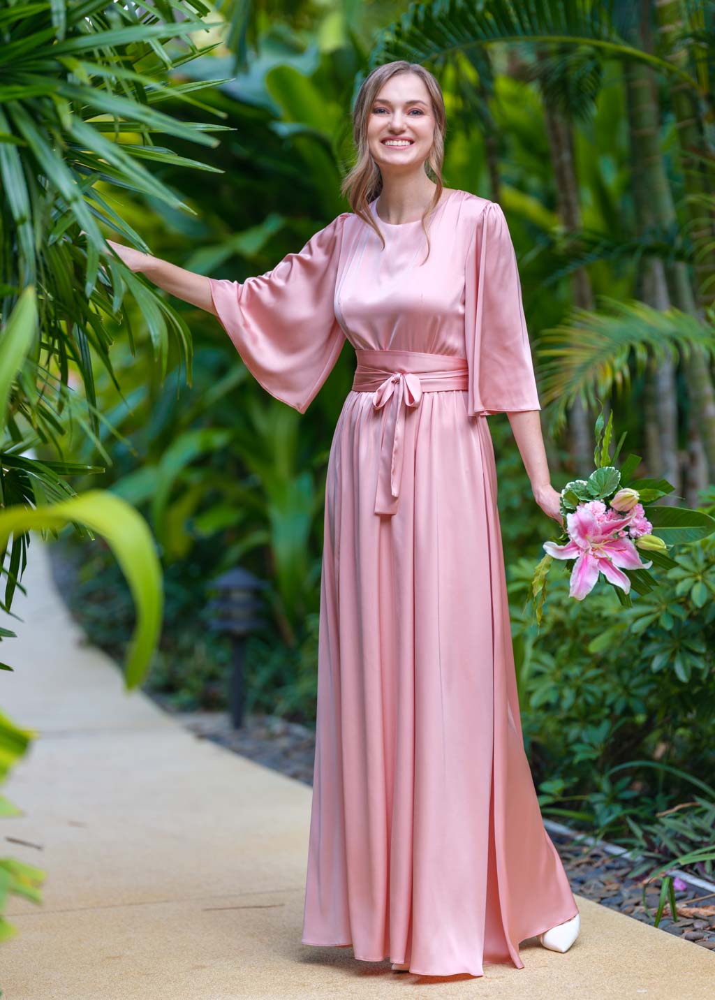 Blush pink silk dress with belt