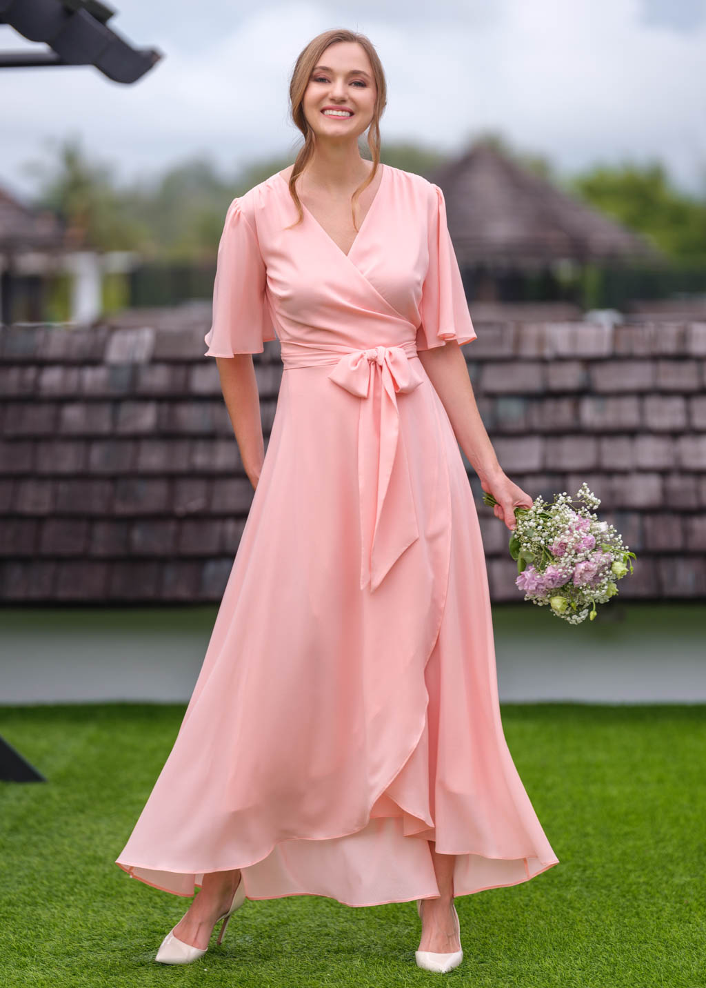 Blush pink chiffon wrap dress