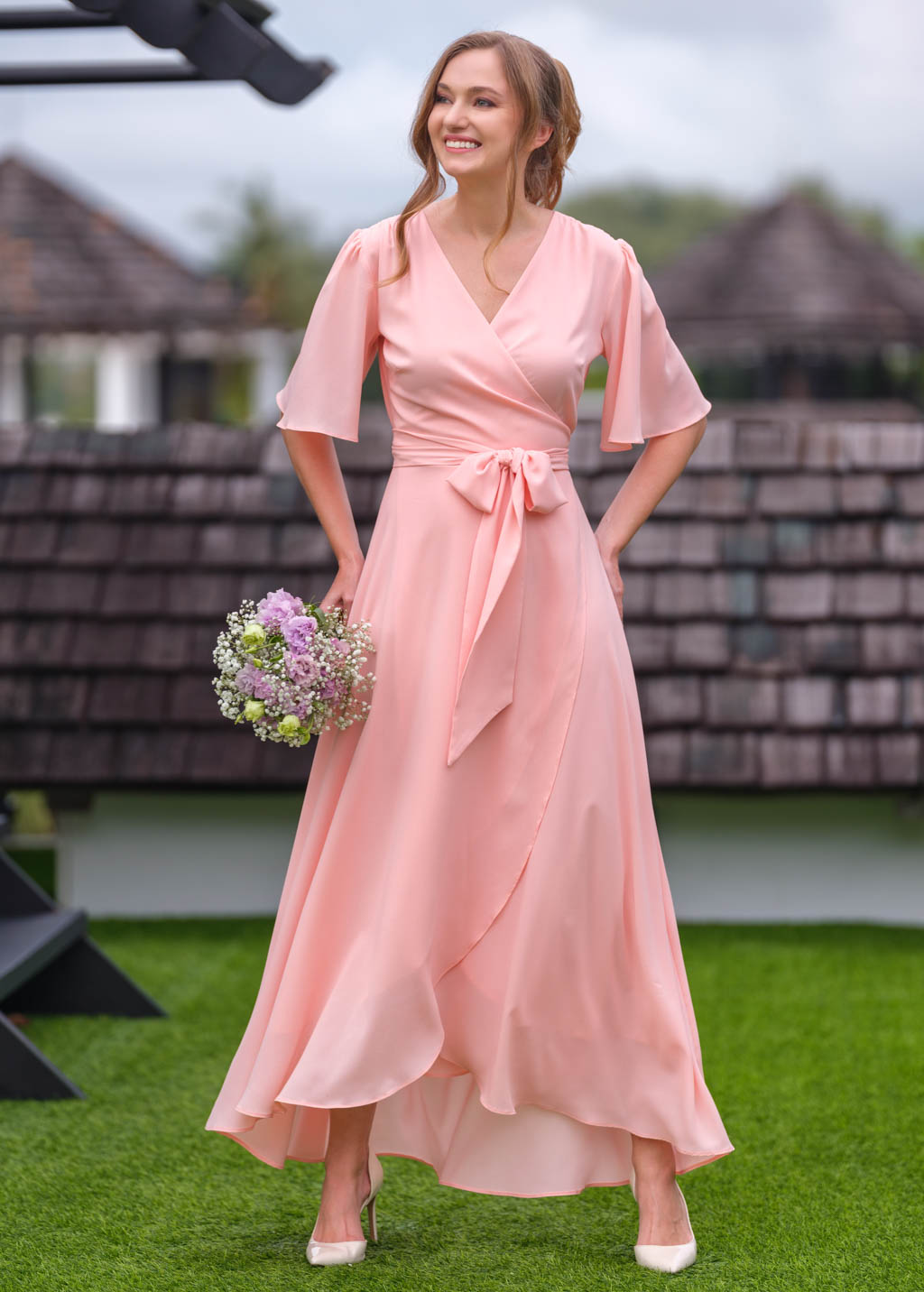 Blush pink chiffon wrap dress