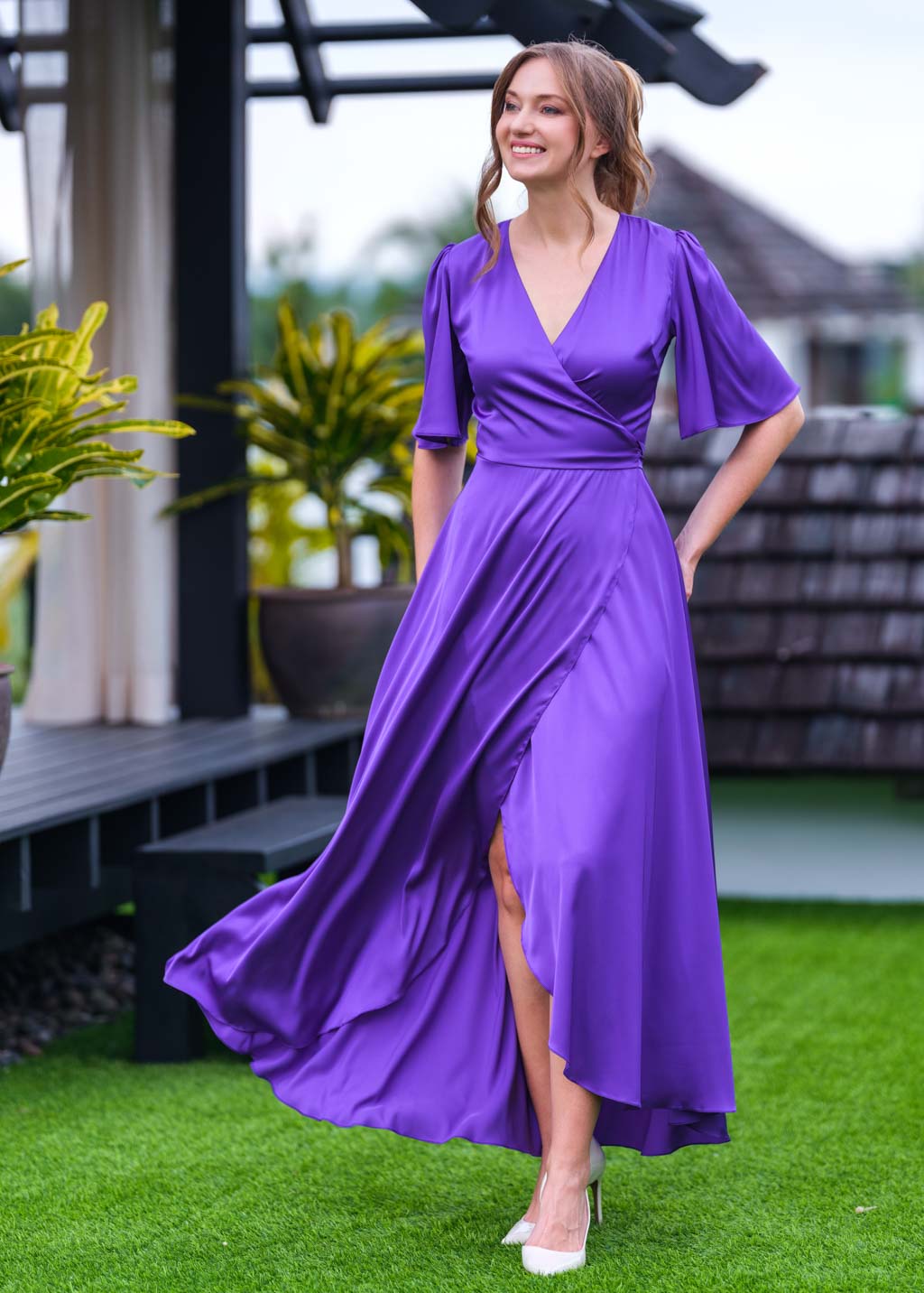 Purple silk long wrap dress