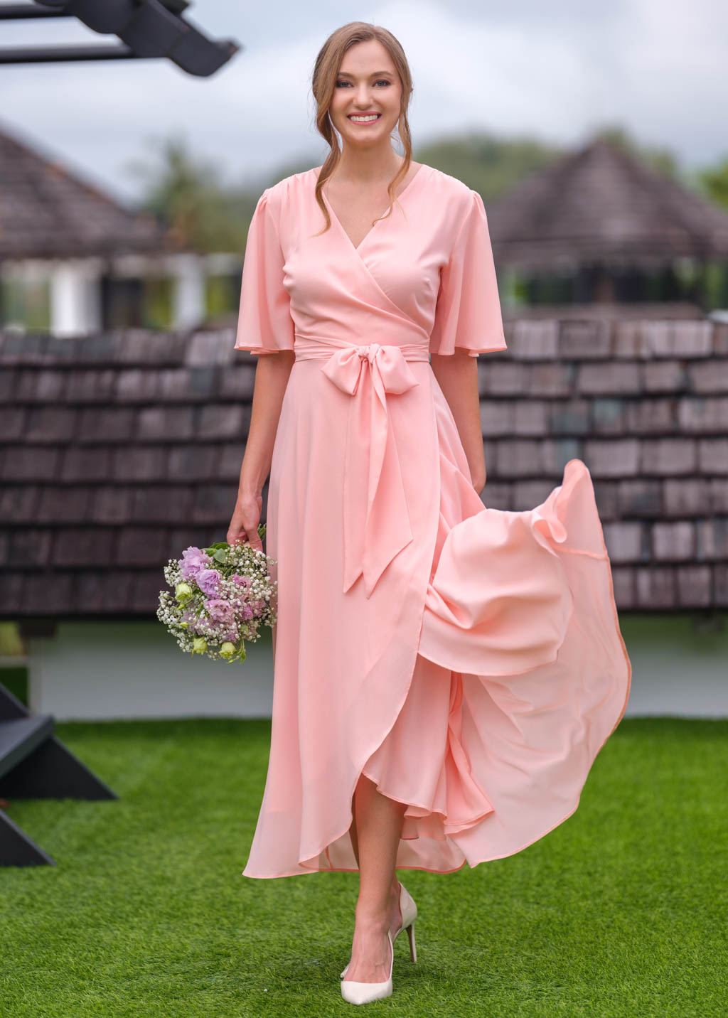 Blush pink chiffon wrap dress