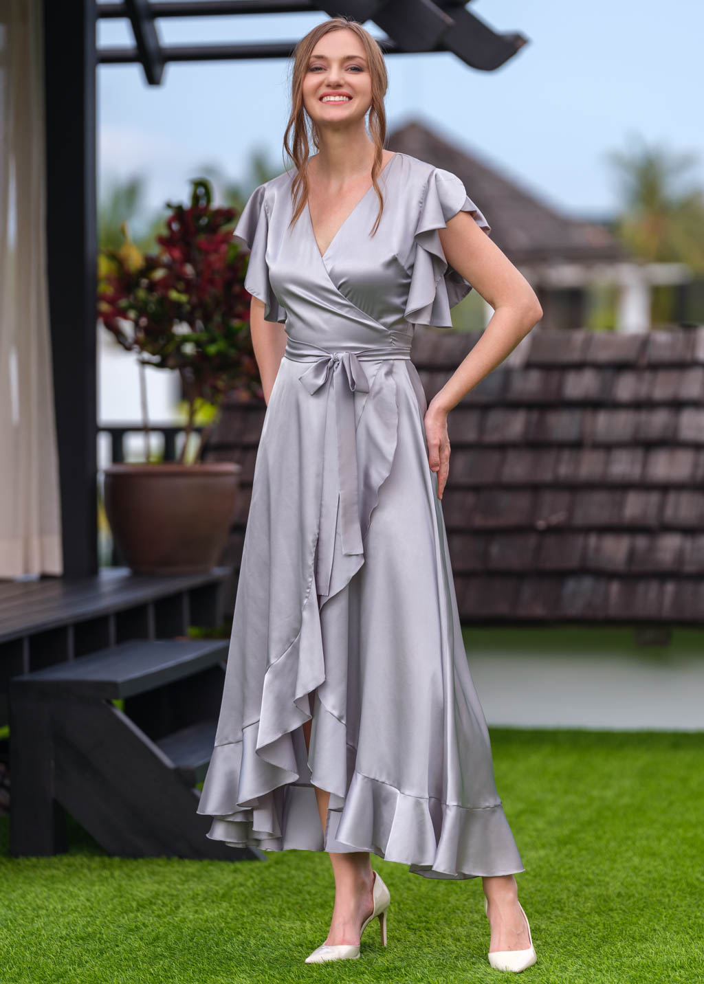 Silver Grey wrap silk dress