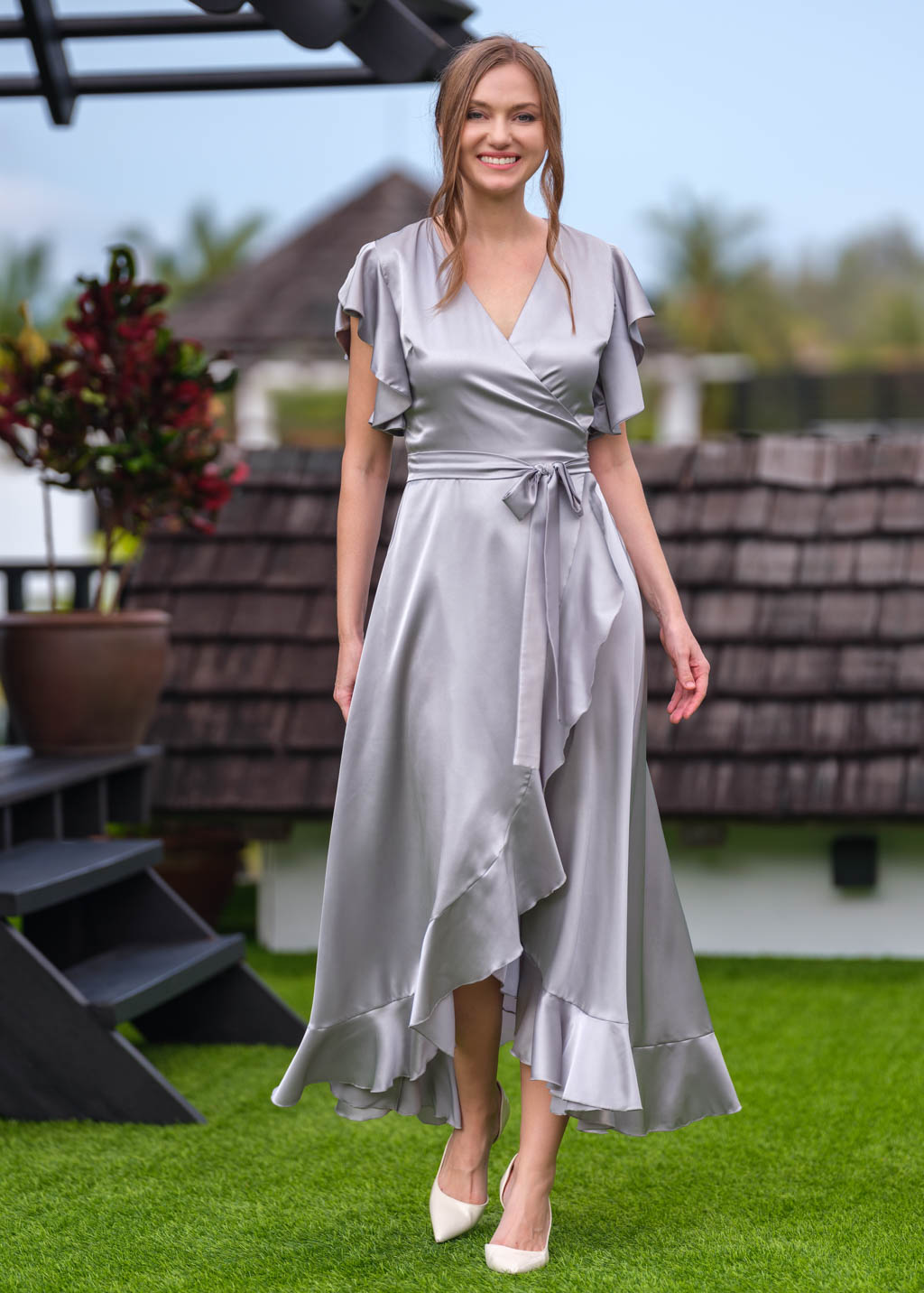 Silver Grey wrap silk dress