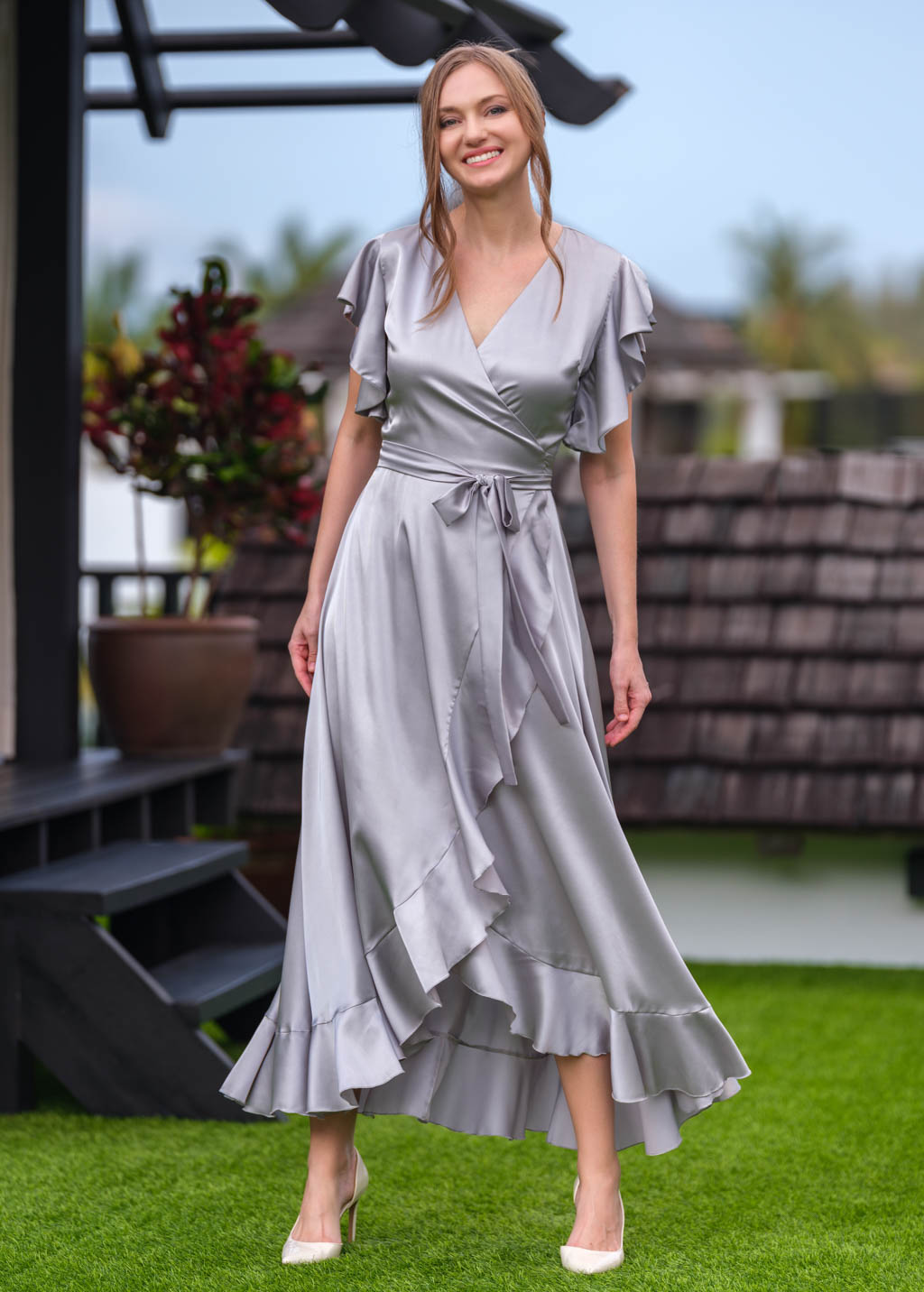 Silver Grey wrap silk dress