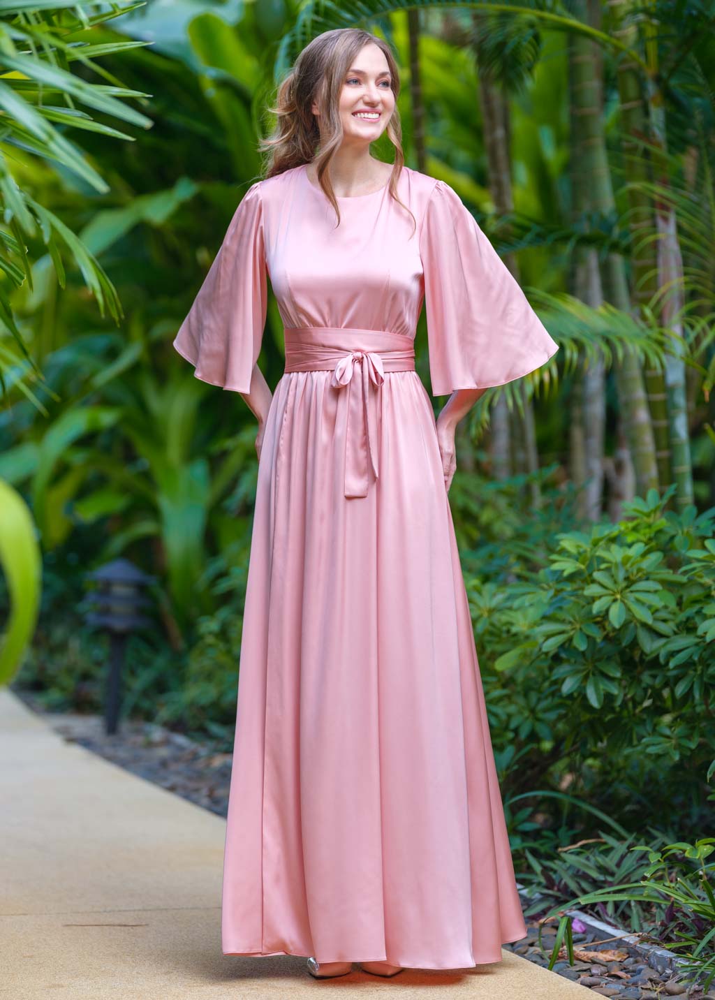 Blush pink silk slit dress with belt