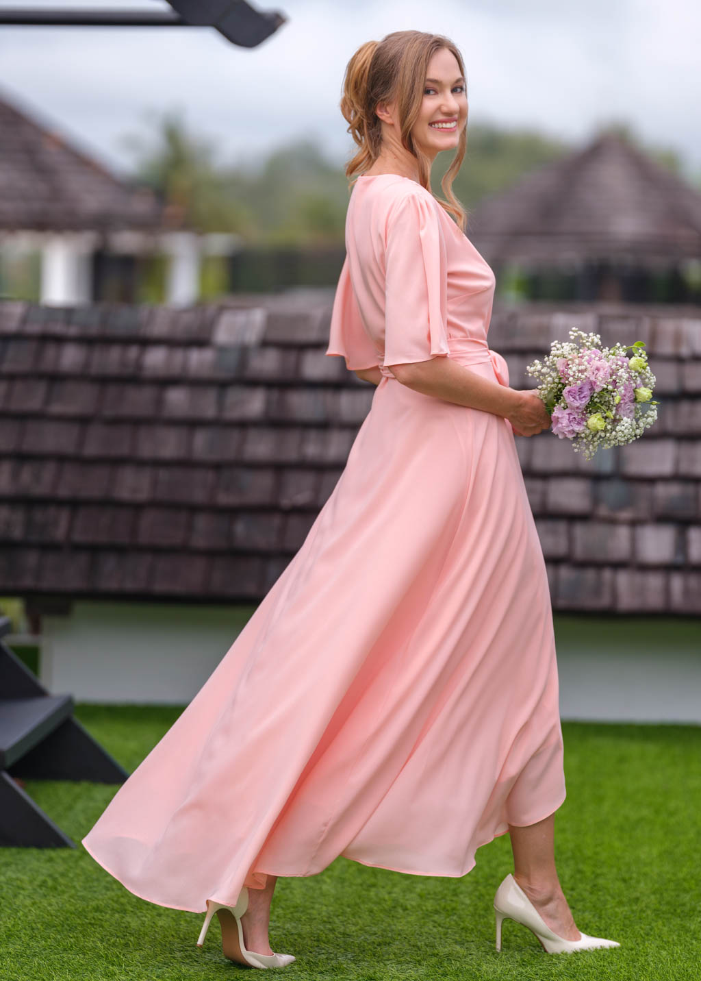 Blush pink chiffon wrap dress