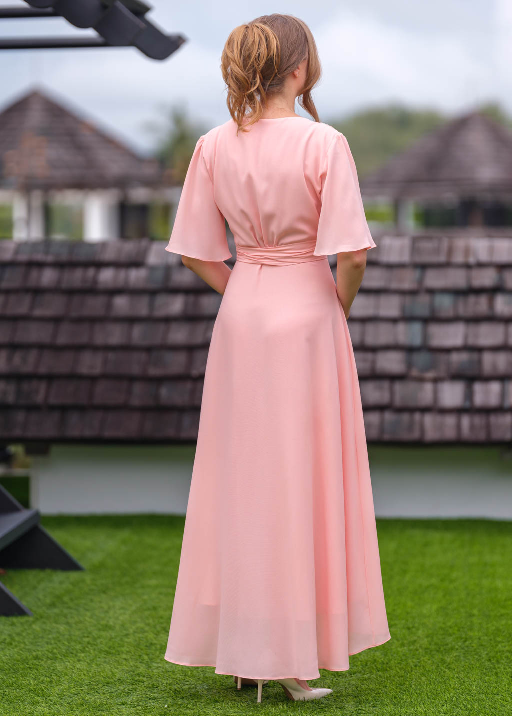 Blush pink chiffon wrap dress