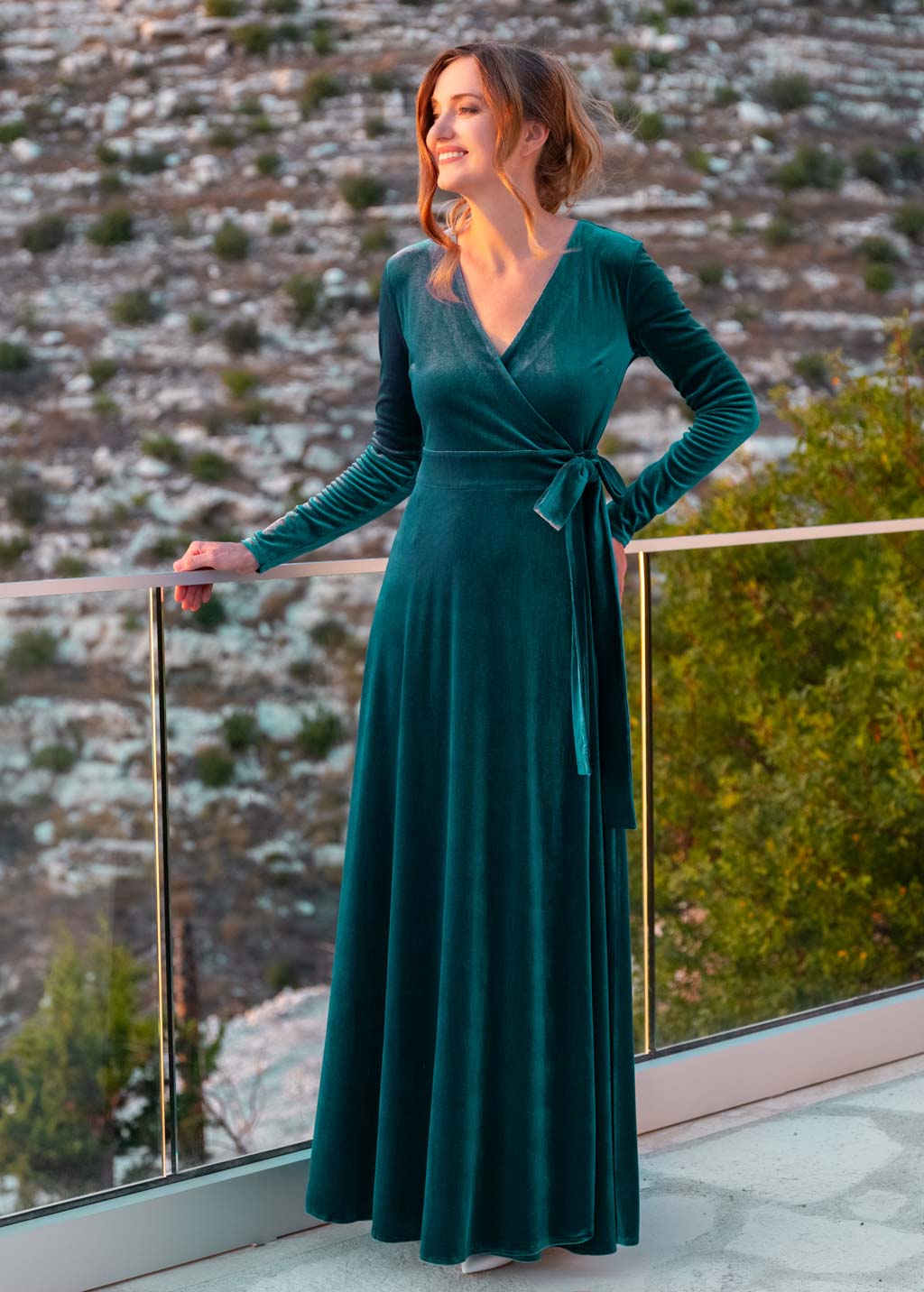 Teal green wrap long velvet dress