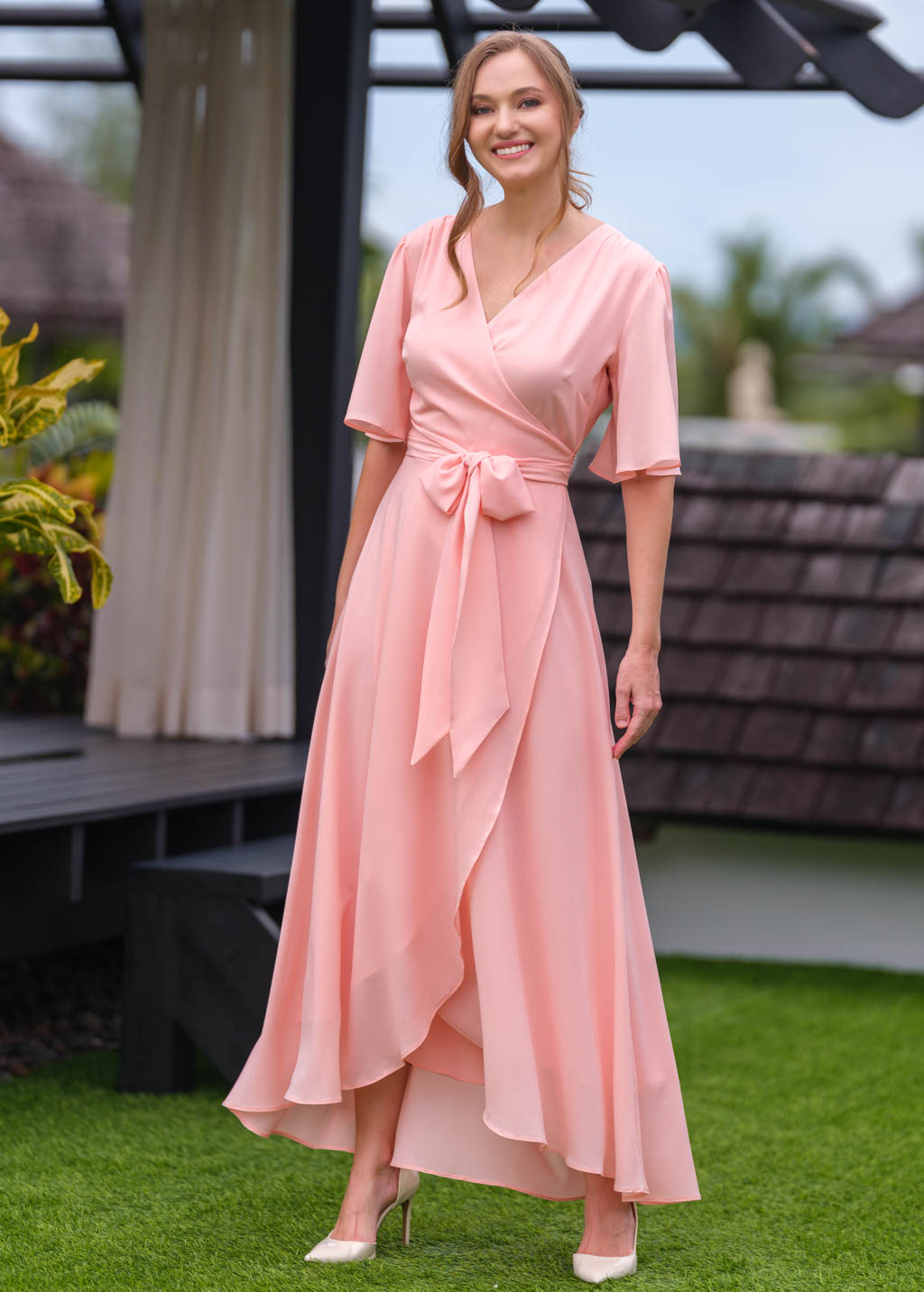 Blush pink chiffon wrap dress