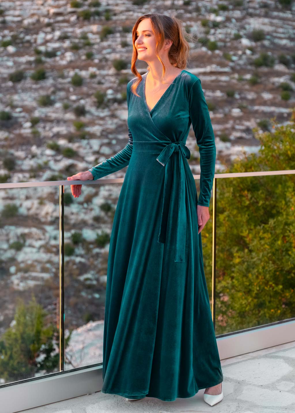 Teal green wrap long velvet dress