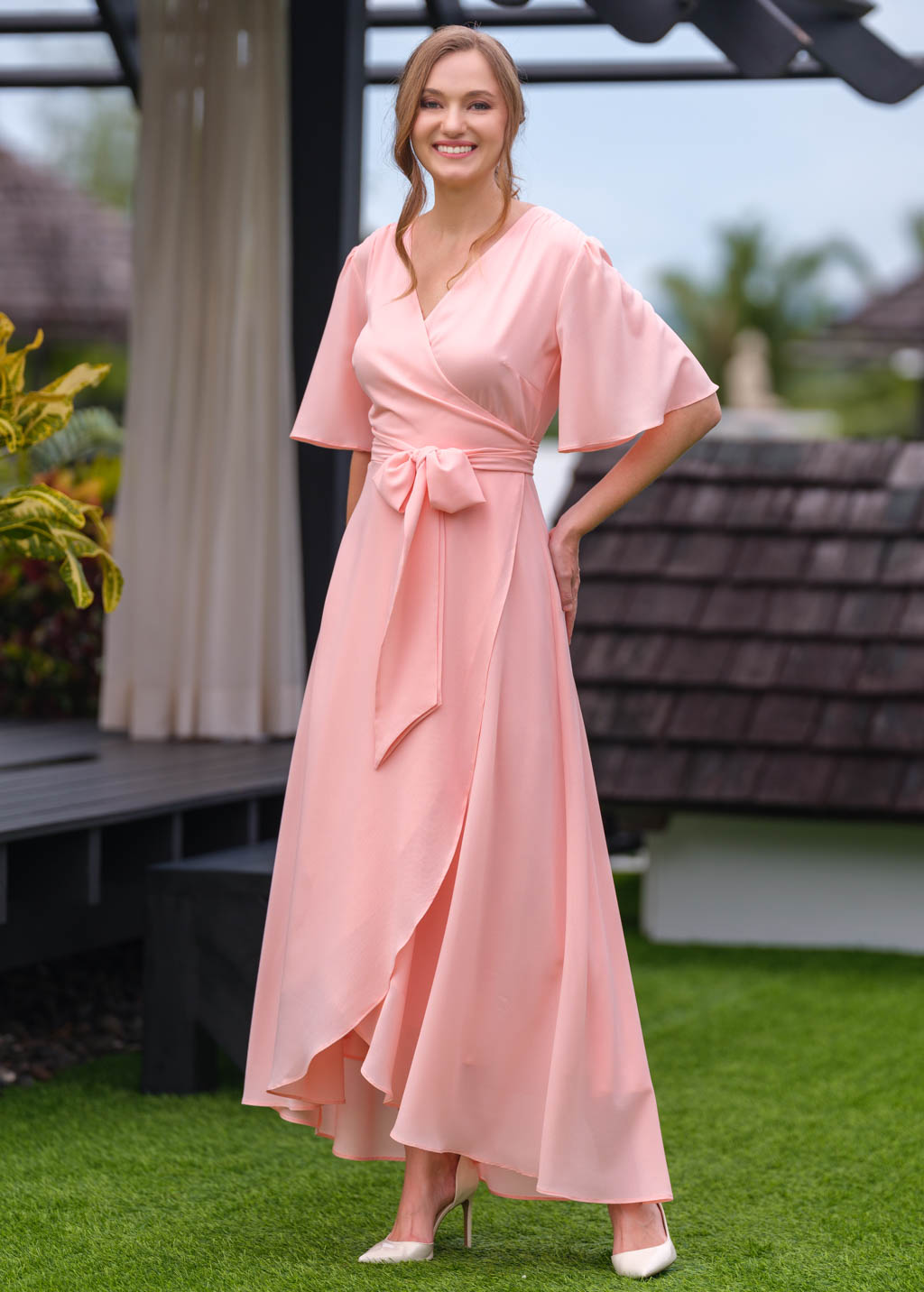 Blush pink chiffon wrap dress